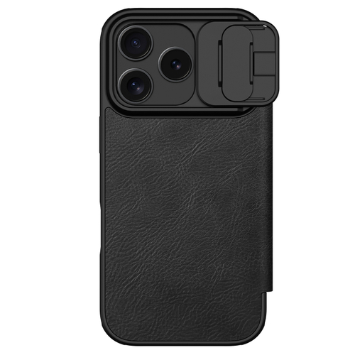 Кожаный чехол книжка от Nillkin для смартфона iPhone 17 Pro, серия Qin Pro Leather с сдвижной защитной шторкой для камеры