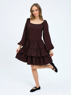 Платье праздничное ярусное с воланами для девочки коричневое