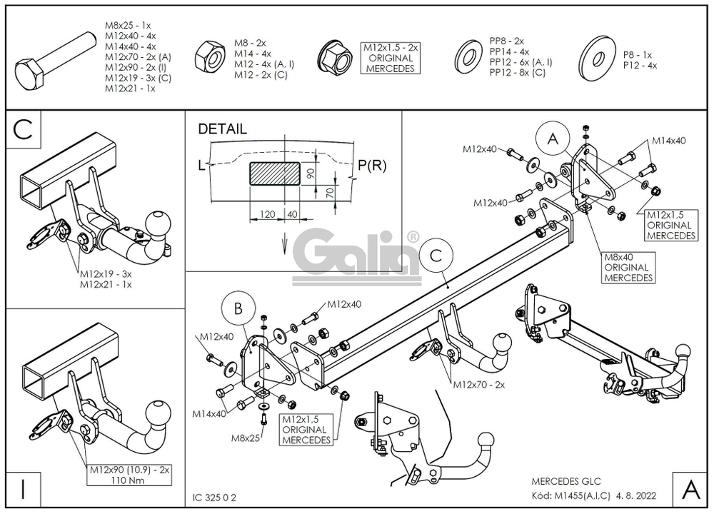 Оцинкованный фаркоп на Mercedes GLC-Class x253 2015-2022 (без электрики), Galia M145C