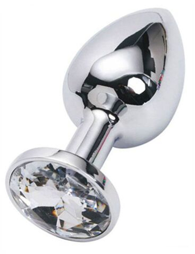 Серебристая анальная пробка из металла с прозрачным стразом - 7 см. (Цвет: прозрачный)