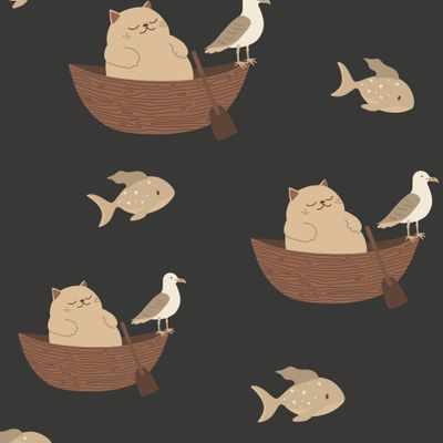 Детский паттерн с котами, чайками и рыбами