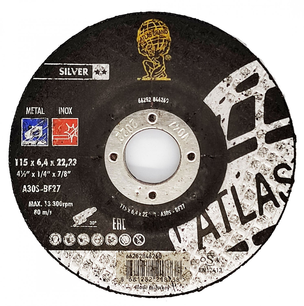 Диск шлифовальный по нержавеющей стали Atlas Inox A30S - T27 (115x6.4x22.23)