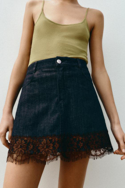 ZARA ДЖИНСОВЫЕ ЮБКА-ШОРТЫ Z1975 С КРУЖЕВОМ, СИНИЙ