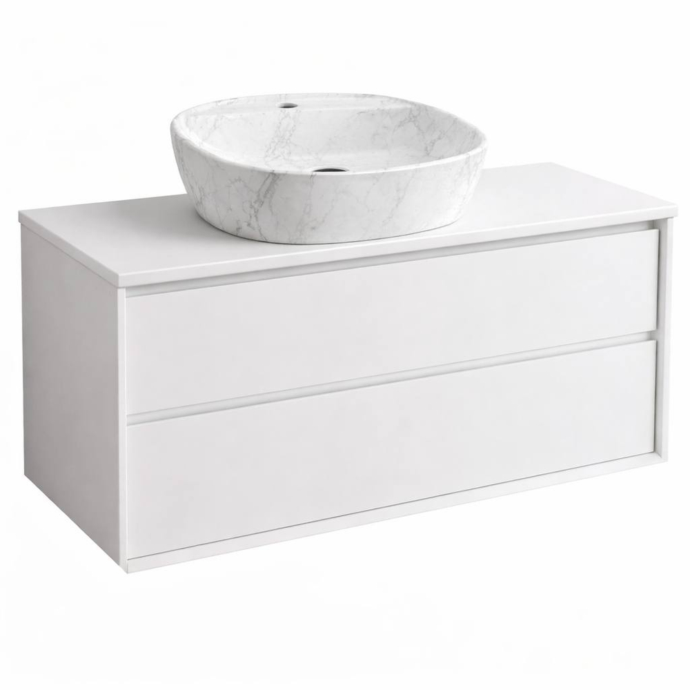 Тумба под раковину COOL с 2 выдвижными ящиками 80x45x54 CL.080.WM белый+Столешница накладная на тумбу для раковины-чаши FLAT 81x46 EP081.W белый+Раковина накладная овальная, с полочкой для смесителя 405x405x120 мм SPIN 40 CG.23597 мрамор белый