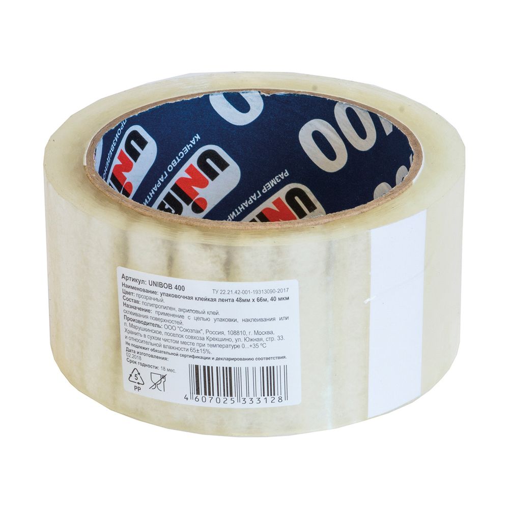 СКОТЧ УПАКОВОЧНЫЙ ПРОЗРАЧНЫЙ 48 ММ Х 66 М (36) "UNIBOB400" 134836---