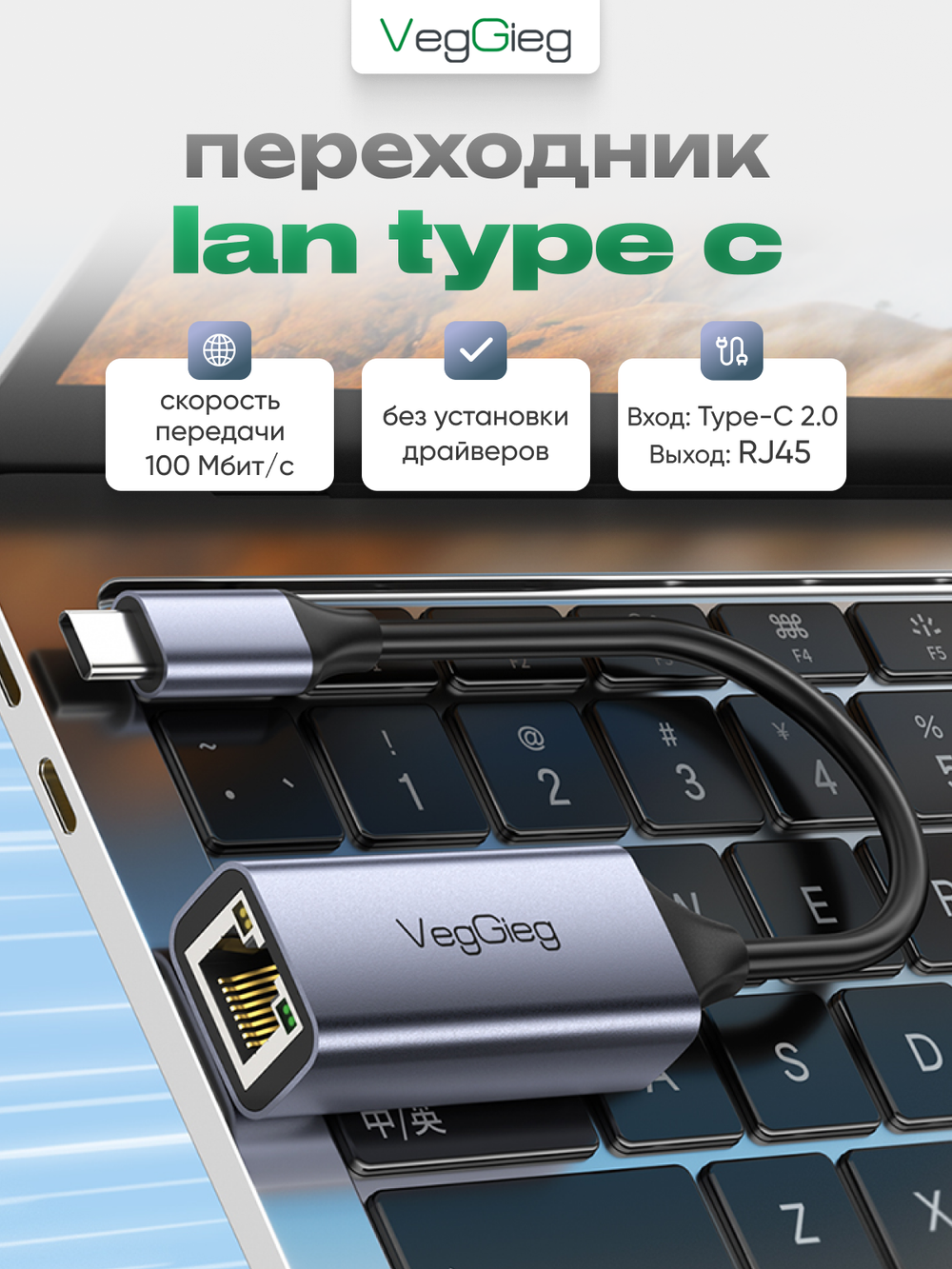 LAN-адаптер Type-C 2.0 VegGieg | Сетевой адаптер RJ45 100 Мбит/с | RTL-8152B | Без драйверов