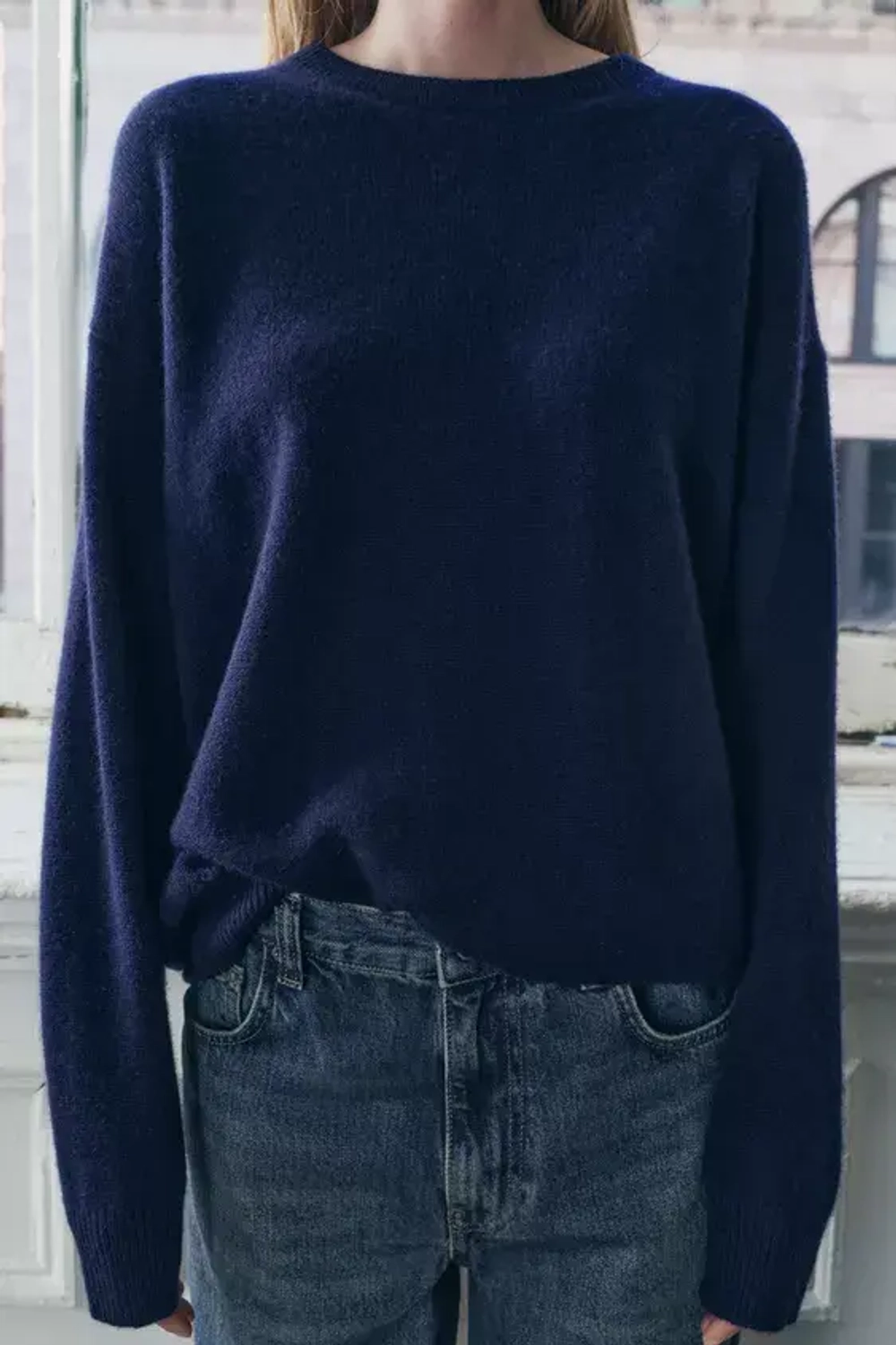 ZARA ОДНОТОННЫЙ СВИТЕР ИЗ 100% КАШЕМИРА, МОРСКОЙ СИНИЙ