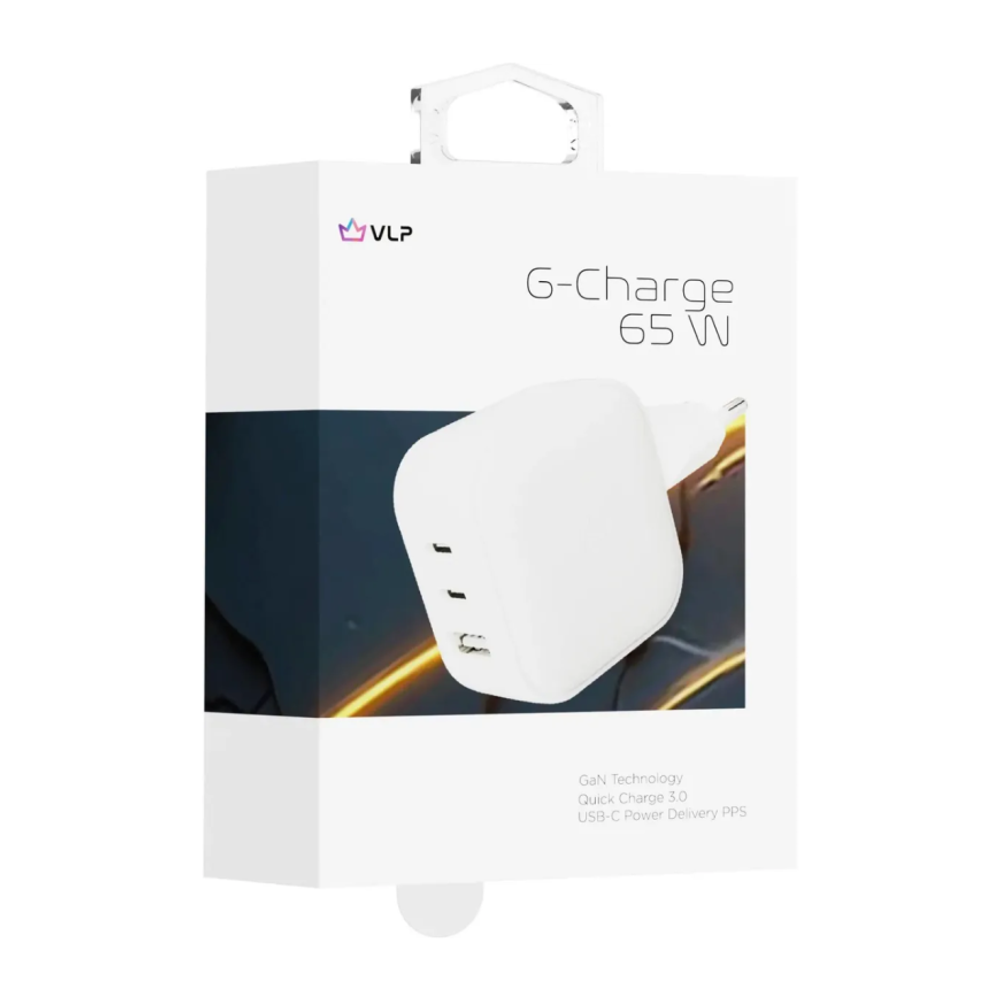 Сетевое зарядное устройство VLP G-Charge мощностью 65 Вт (2 USB-C, USB-A) (GaN) Многопортовый мощный адаптер питания. Есть поддержка PD 3.0, QC 3.0, PPS, AFC, SCP и FCP