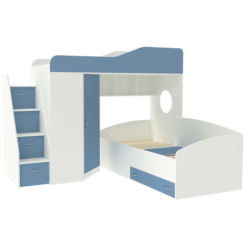 Двухъярусная кровать КарИВи  Кадет 2 с универсальной лестницей Белый  Светло-синий, голубой