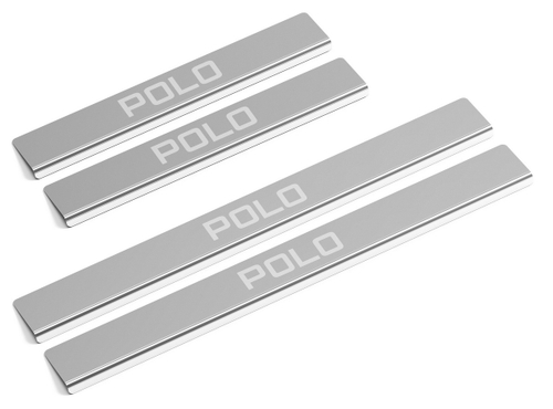 Накладки на пороги AutoMax для Volkswagen Polo V 2014-2020, нерж. сталь, с надписью, 4 шт., AMVWPOL01
