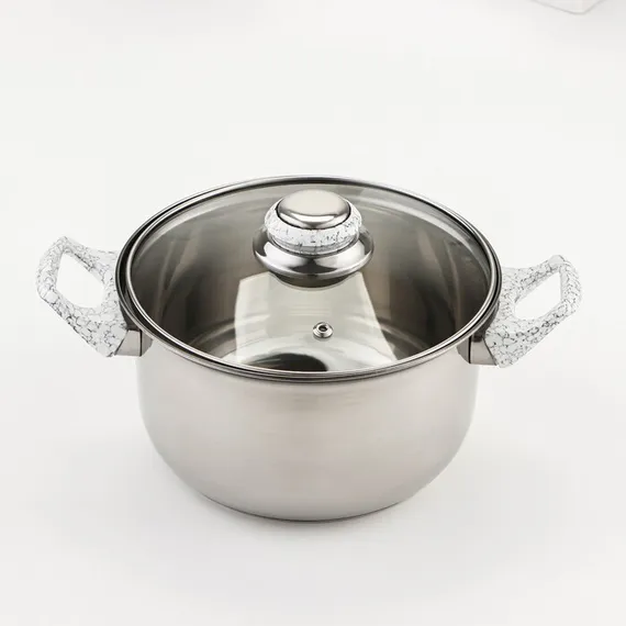 Набор Доляна «Марбл», 8 предметов: ковш 1,5 л, 2 кастрюли 2/3 л, сковорода d=24 см, 4 крышки, стенки 0,3 мм, дно 5 мм