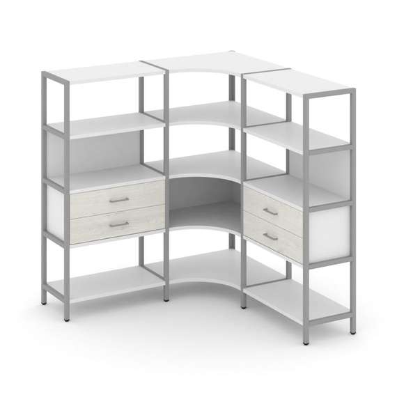 Shelf System Трехсекционный угловой стеллаж четырехярусный с ящиками SN.STMU-431 Белый/Дуб Наварра/М