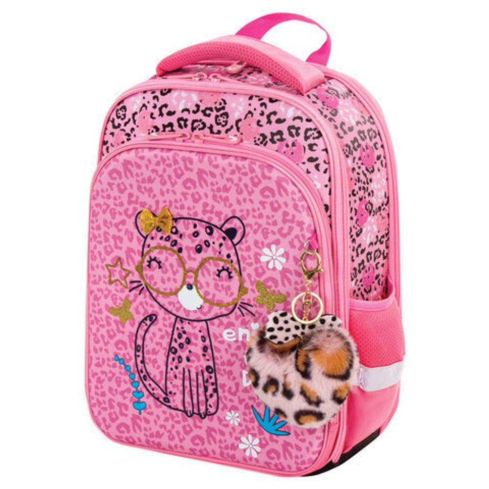 Ранец BRAUBERG QUADRO, 3 отделения, с брелком, "Pink leopard", 37х28х18 см, 229950