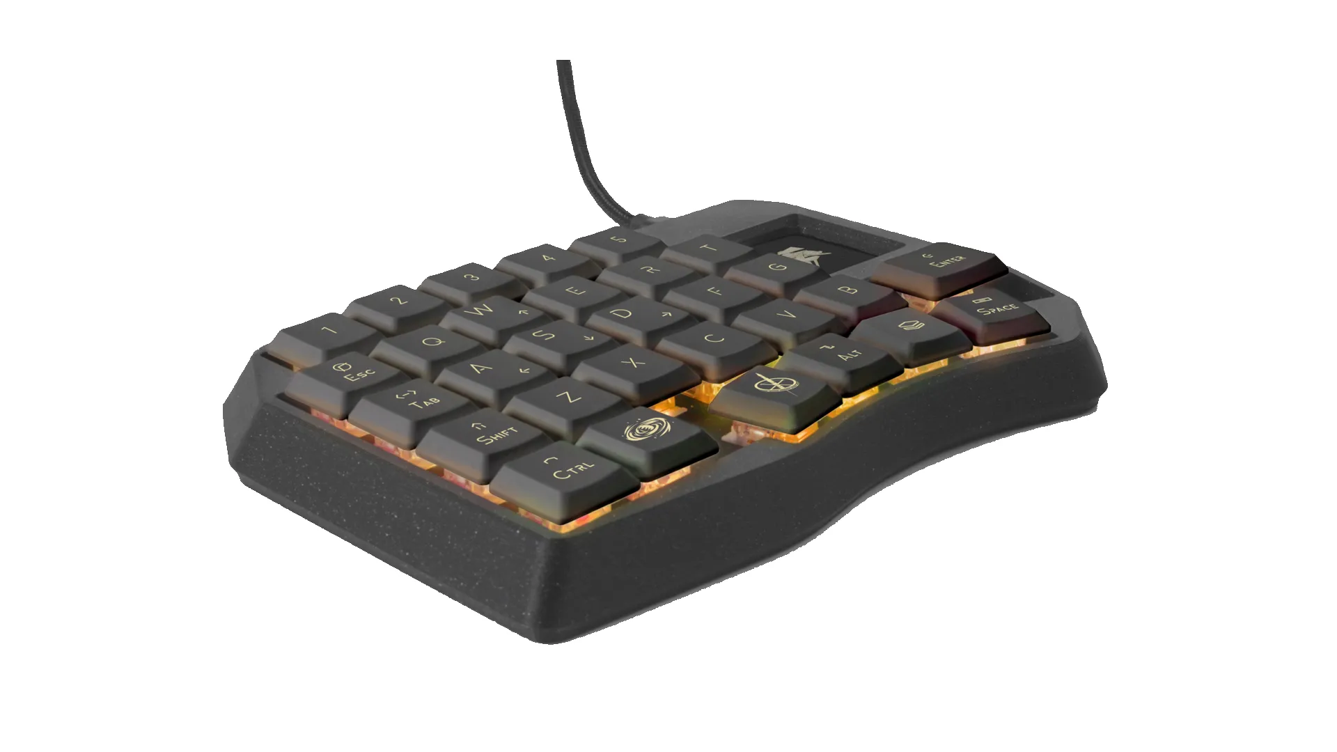 Игровая мини-клавиатура Ergohaven Space Mission 30 Black, низкий ракурс на белом фоне