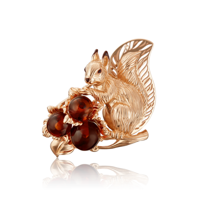 Брошь «Белка» из красного золота с янтарём и эмалью