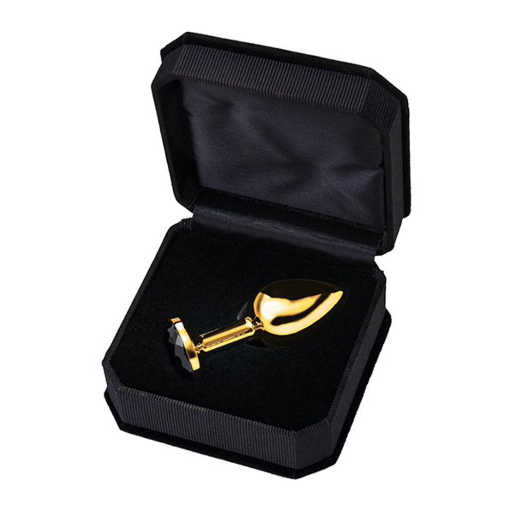 Маленькая золотистая анальная втулка 7,2см с чёрным кристаллом ToyFa Metal 712006