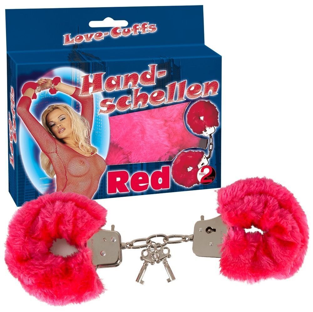 Малиновые меховые наручники Love Cuffs Red