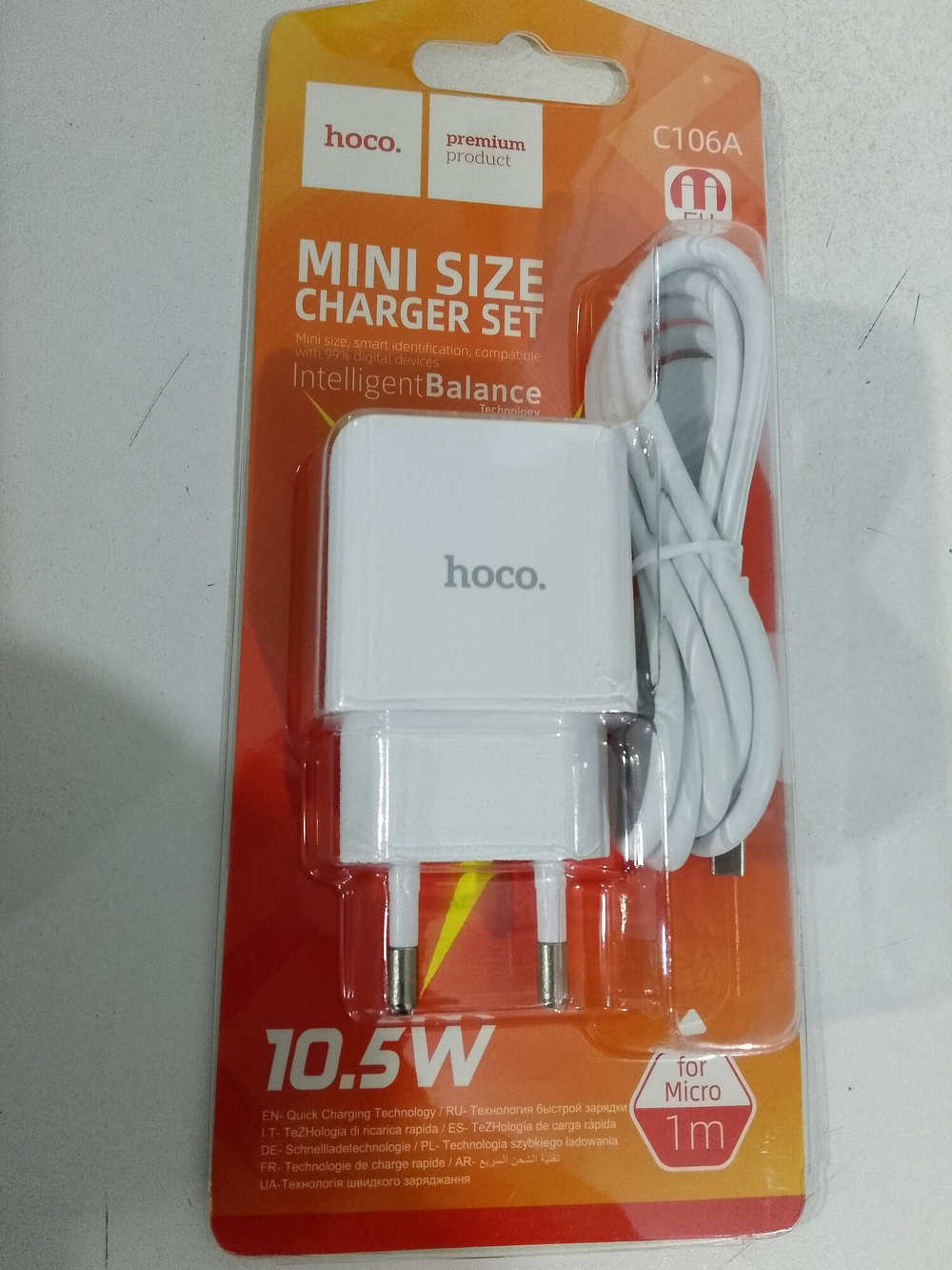 Сетевое зарядное устройство 1 USB HOCO C106A Leisure, пластик, 2.1A, кабель USB - микро USB, цвет: белый