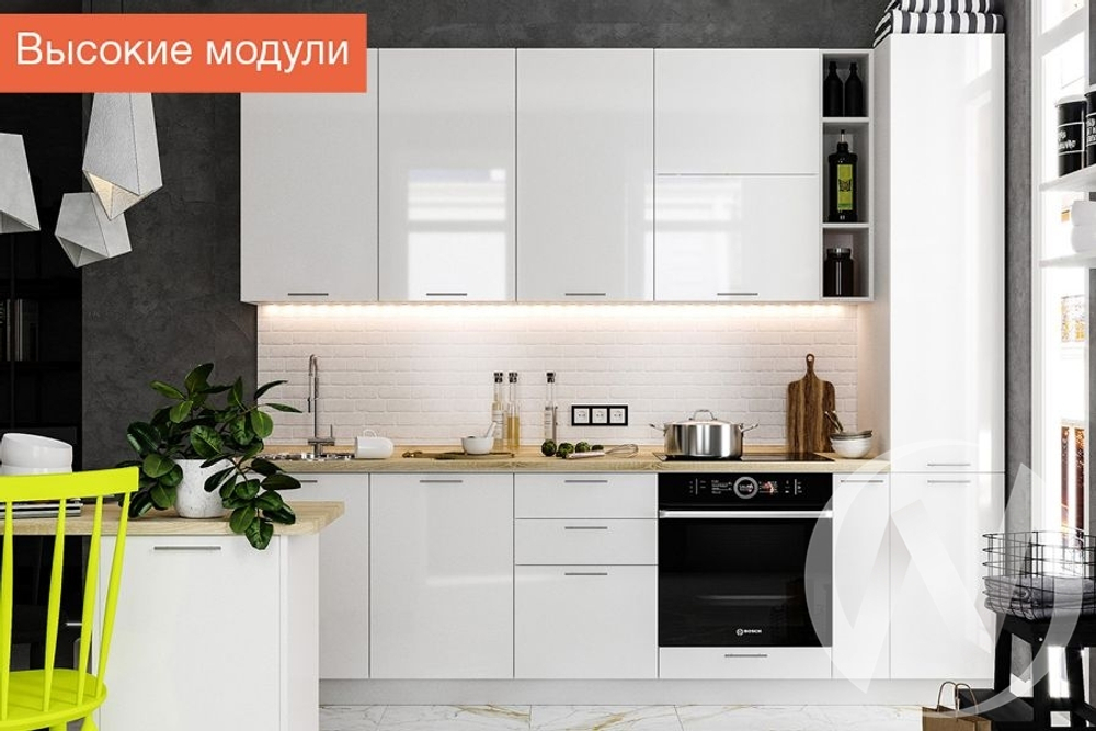 Кухня "Валерия-М" высокие модули белый глянец