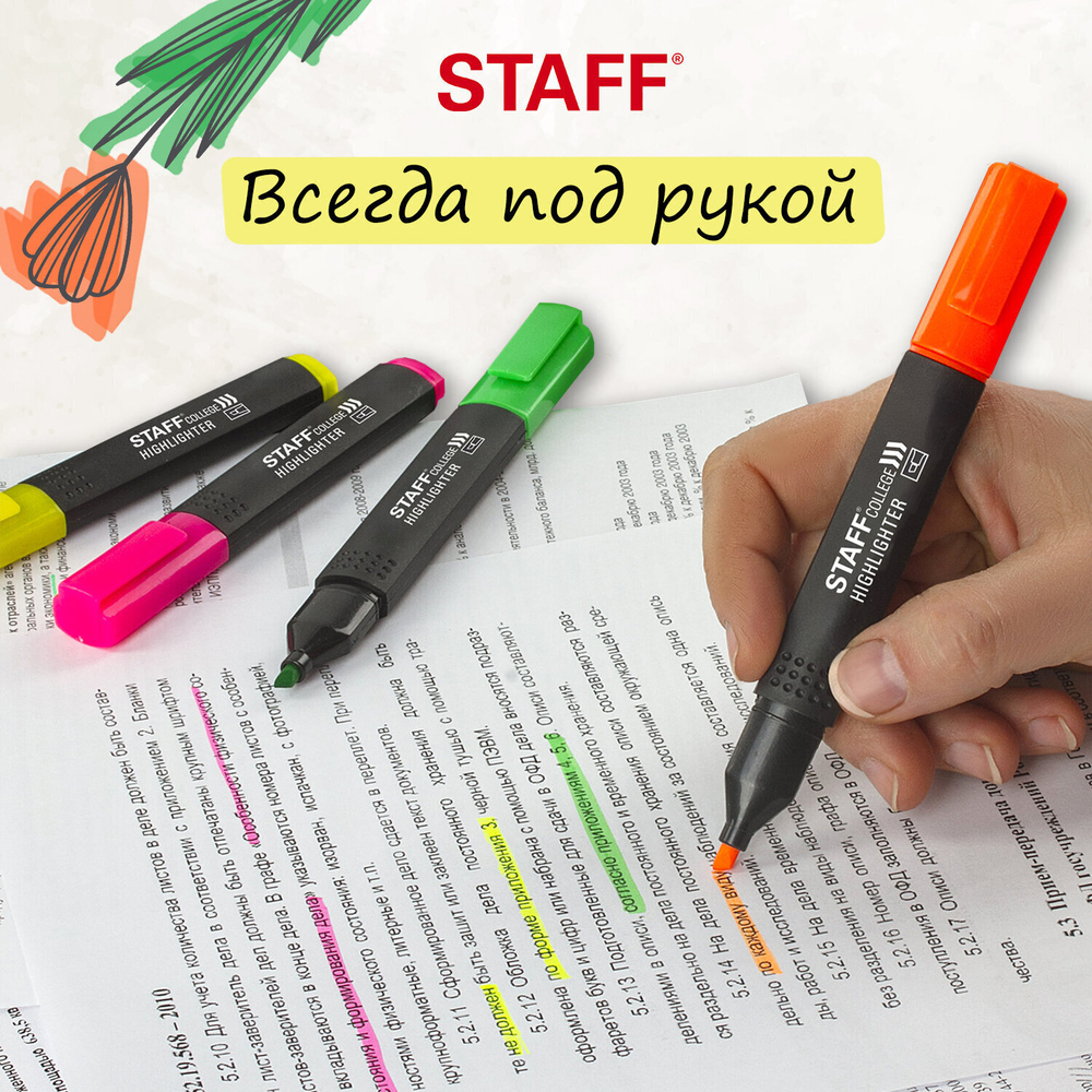 набор текстовыделителей 4 шт. ассорти STAFF "College" STICK HL-497 линия письма 1-4 мм (12 штук в упаковке)