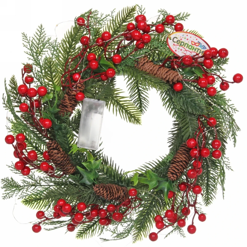 Венок новогодний с подсветкой «Новогодние ягоды» 40 см