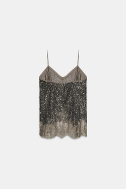 ZARA ТОП НА БРЕТЕЛЯХ С ПАЙЕТКАМИ — ZW COLLECTION, ТЕМНОЕ СЕРЕБРО