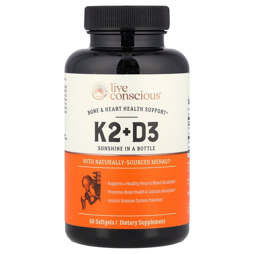 Live Conscious, K2 и D3, 60 мягких таблеток