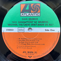 Винтажная виниловая пластинка LP Dave Brubeck and Darius Brubeck Ensemble with Chris and Dan Brubeck, Two Generations Of Brubeck ("Brother, The Great Spirit Made Us All.") (Германия 1974)