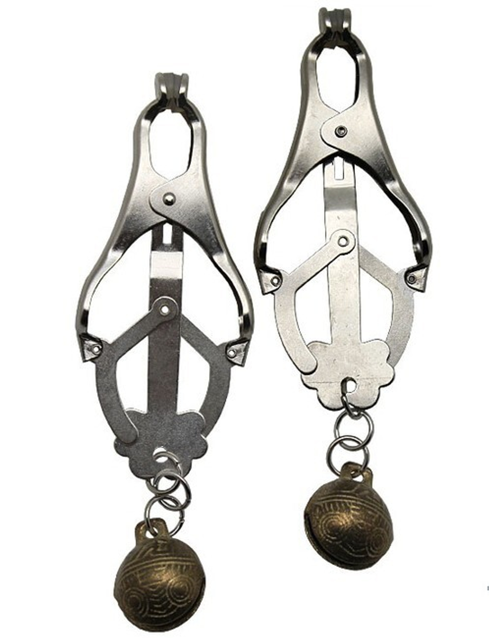 Мощные зажимы на соски со звенящим бубенчиком (Цвет: серебряный с бронзовым)