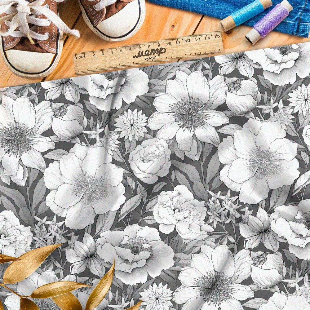 Ткань премиум сатин цветочный набросок