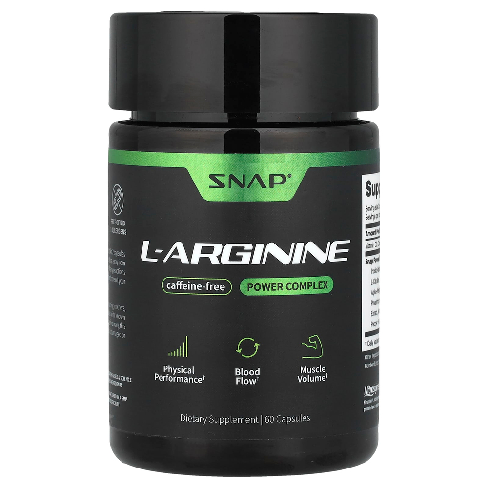 Snap Supplements, L-аргинин, без кофеина, 60 капсул