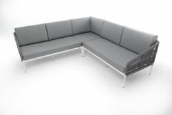 "Канны" диван модульный плетеный из роупа, каркас алюминий белый, роуп светло-серый круглый, ткань светло-серая