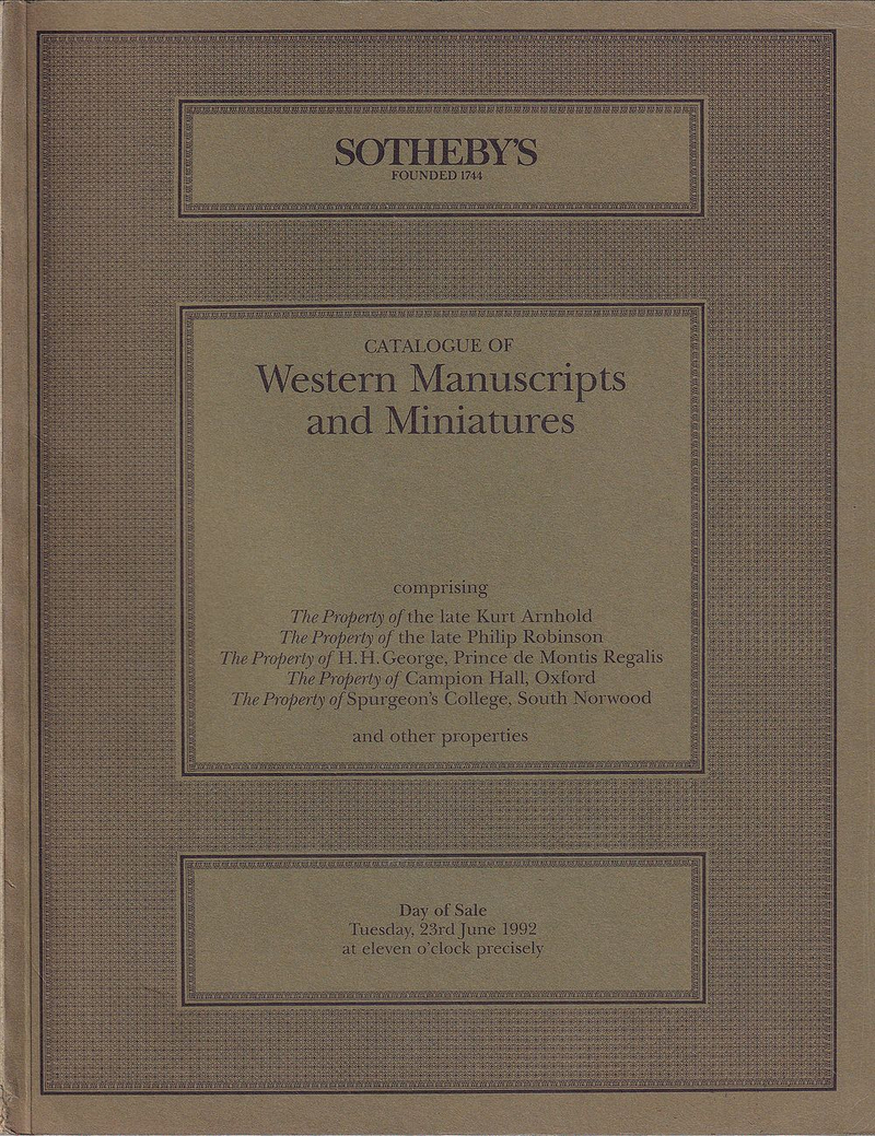 Каталог аукциона Sotheby's, Лондон, Рукописи и миниатюры Западной Европы от 23 июня 1992 года