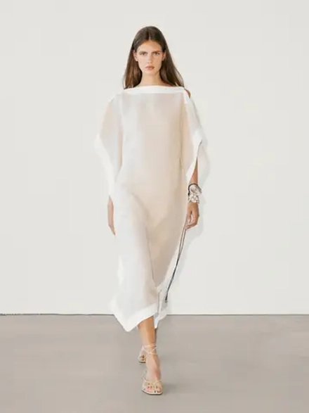 Massimo Dutti Платье-кафтан миди с контрастными деталями, бежевый