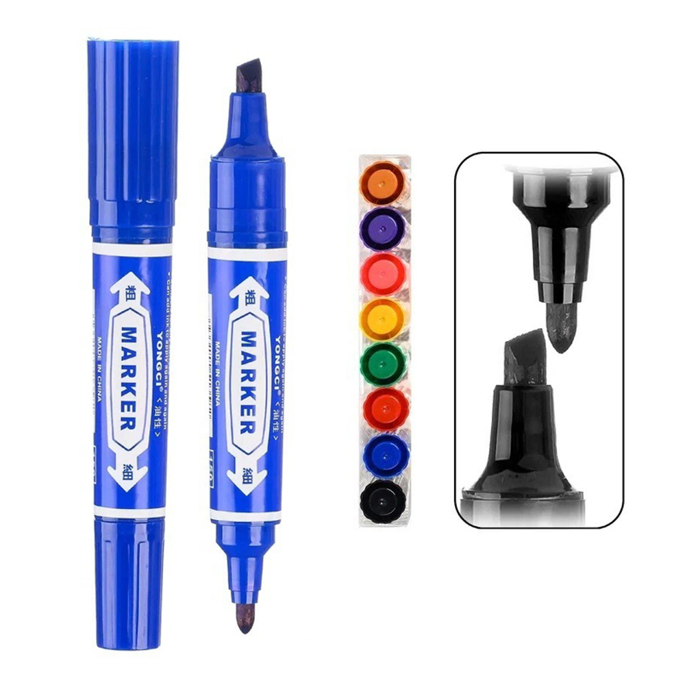 Маркер перманентный, двусторонний, Yongci, 21 мм, наконечник 5 и 2 мм, 8 шт, разноцветные