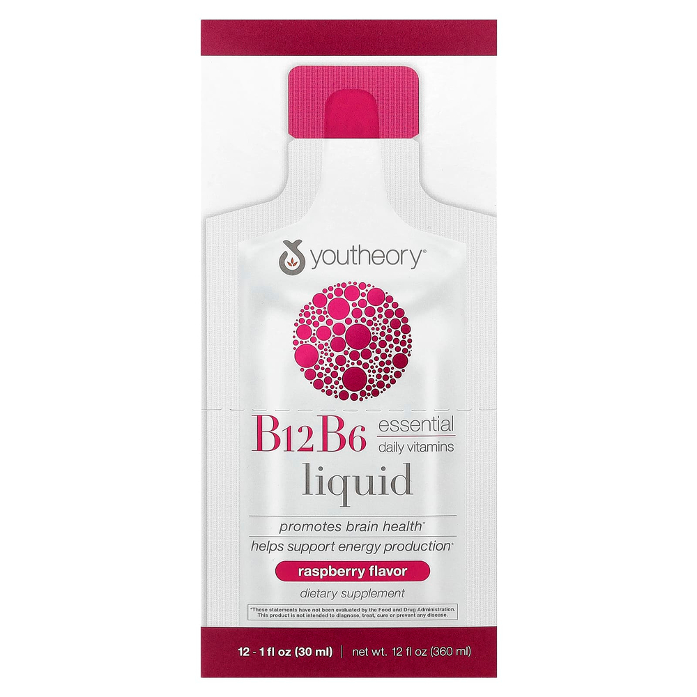 Youtheory, B12, B6, жидкий, на ходу, малиновый, 12 пакетиков по 30 мл (1 жидк. Унция)