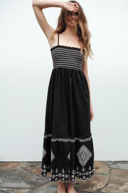 ZARA ПЛАТЬЕ С ВЫШИВКОЙ ПЛЮМЕТИ, ЧЕРНЫЙ/БЕЛЫЙ
