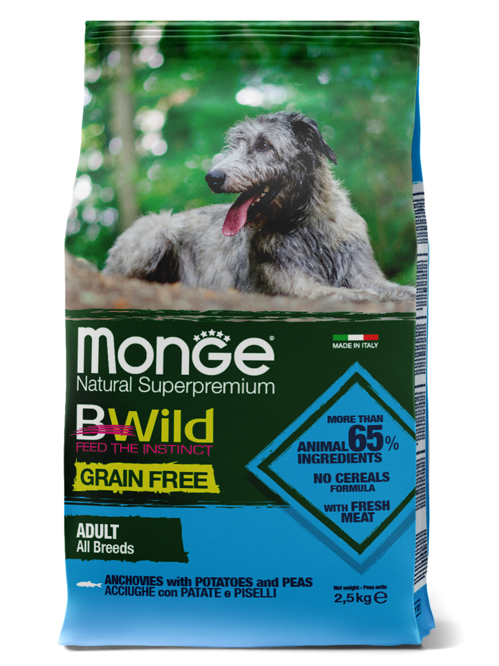 Сухой корм Monge Dog BWild GRAIN FREE для взрослых собак всех пород, беззерновой, анчоусы c картофелем и горохом 2,5 кг