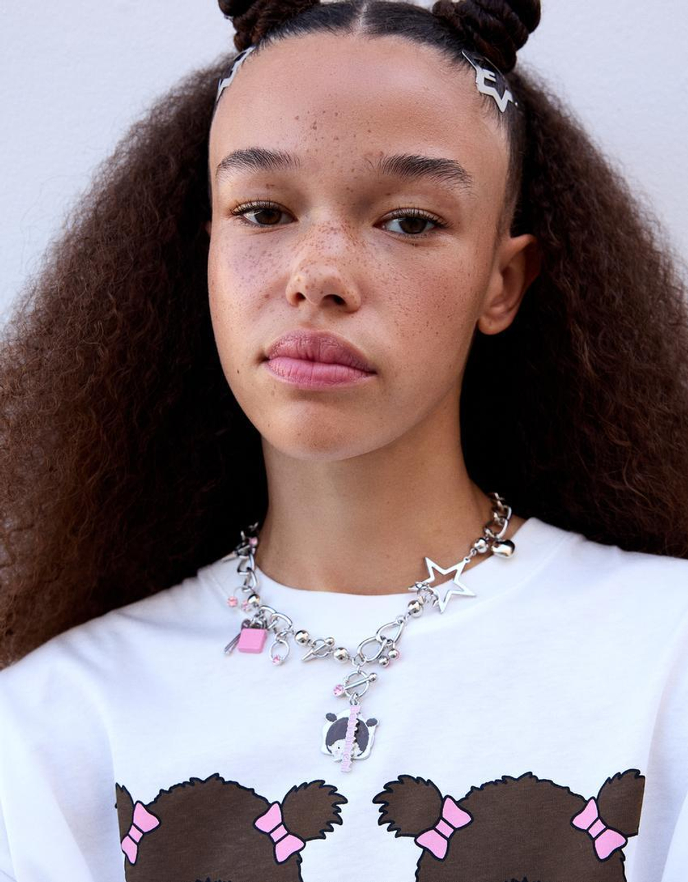 BERSHKA Ожерелье с подвесками Monchhichi, серебряный