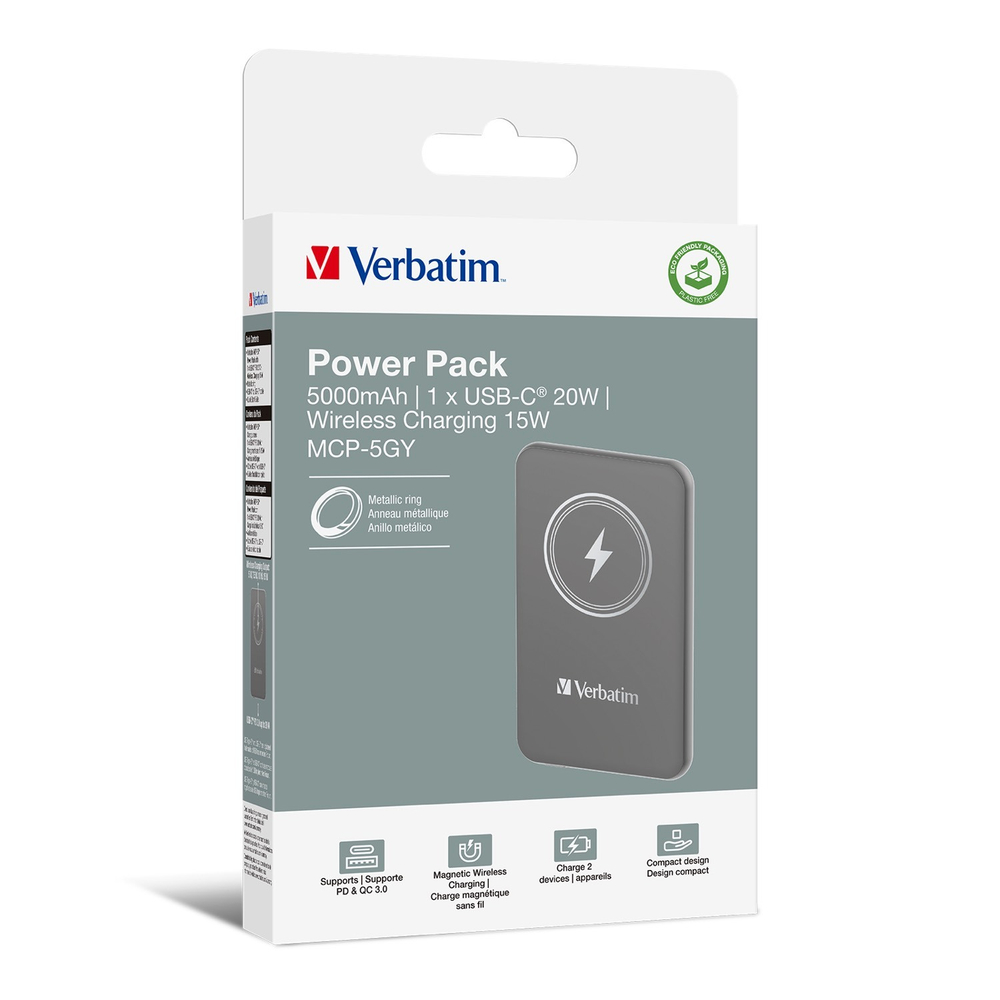 Портативный аккумулятор Verbatim Charge‘n’Go Power Bank 5000 мАч с беспроводной зарядкой, серый