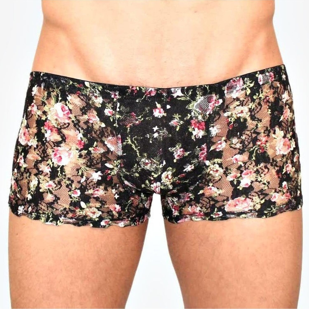 Мужские трусы-боксеры в сеточку с цветочным узором (Размер: S) (Цвет: черный)