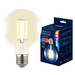 LED-G95-5W-3000K-E27-CL GLY01TR Лампа светодиодная. Форма шар. прозрачная. Серия Яркая A++. Теплый белый свет 3000K. Картон. ТМ Uniel