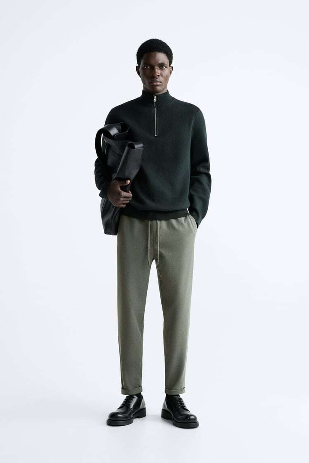 ZARA БРЮКИ EASY CARE С ПОЯСОМ НА ШНУРКЕ, ЗЕЛЕНЫЙ