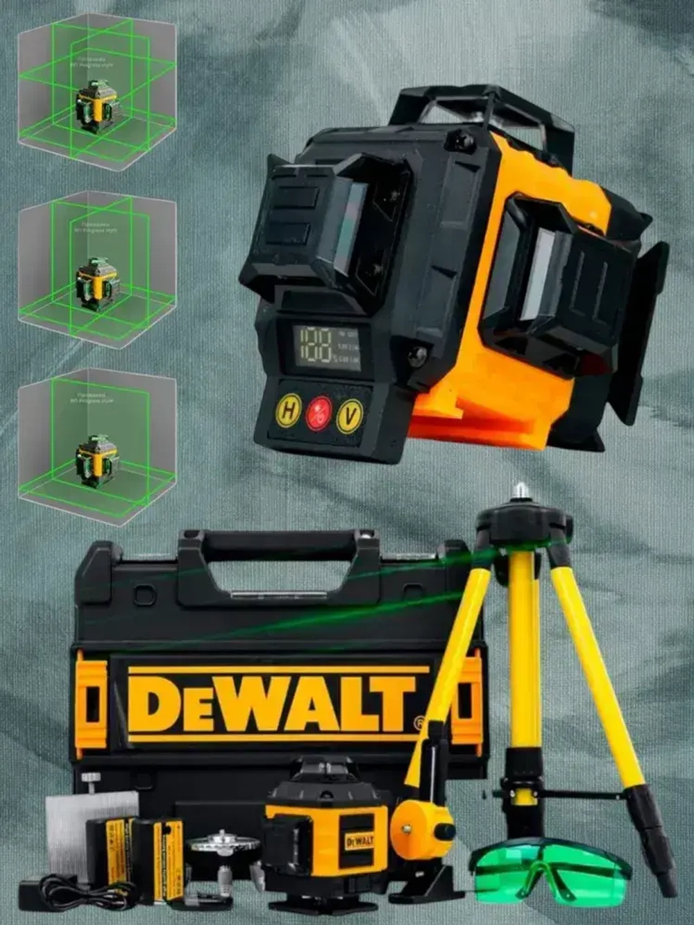 Лазерный уровень / нивелир 4х360 Dewalt с аксессуарами в сумке, зеленый луч 16 линий 4D