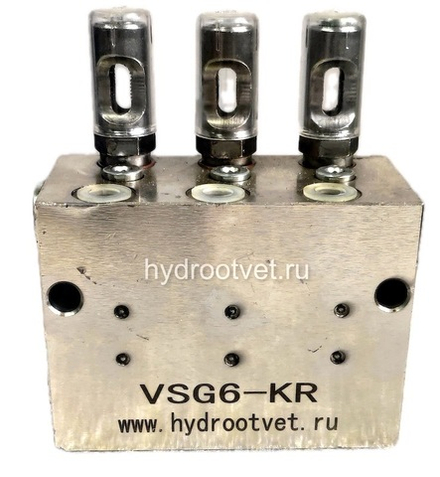 VSG6-KR - Питатель для двухлинейных систем смазки с рабочим давлением 400 бар, количество выходов 6, максимальная доза 2,3 мл/цикл, с регулятором и индикатором