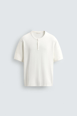 ZARA ФУТБОЛКА С ВОРОТНИКОМ НА ПУГОВИЦАХ, ЭКРЮ