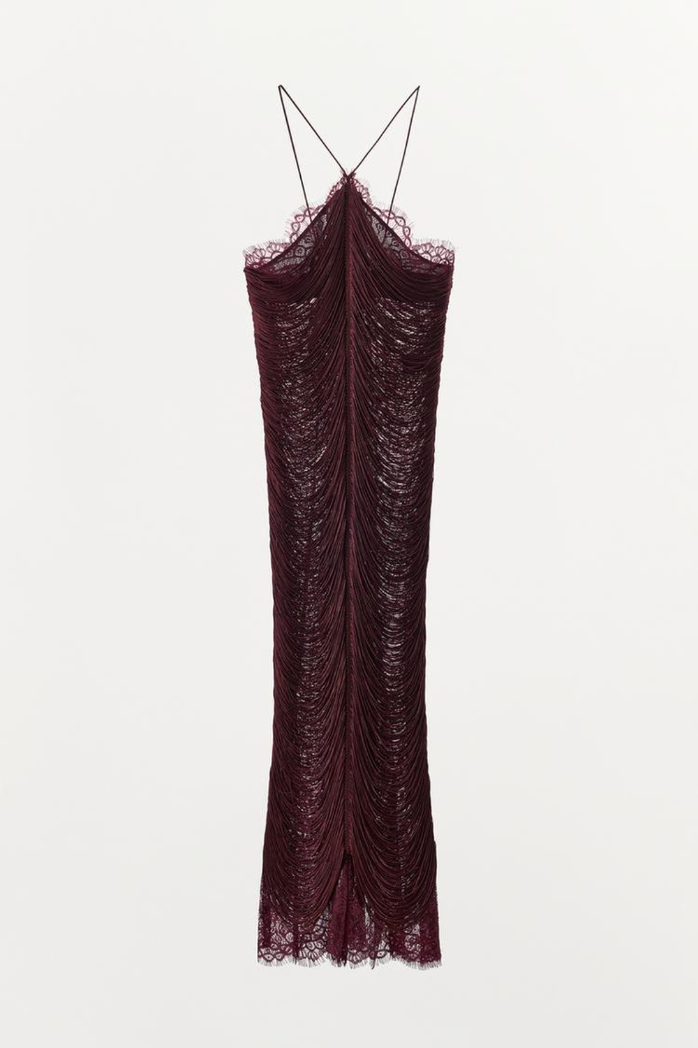 ZARA КРУЖЕВНОЕ ПЛАТЬЕ ХАЛТЕР С БАХРОМОЙ, БОРДОВЫЙ