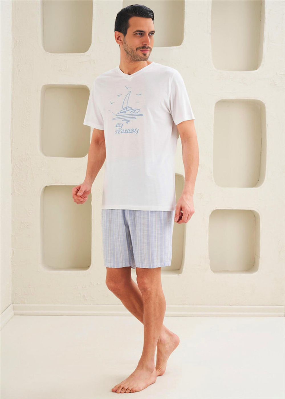 Мужская Пижама с Шортами - Базовый, спортивный стиль, V-образный вырез - Голубое море - 13237