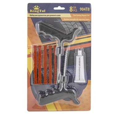 Набор инструментов для ремонта шин 8пр.(шило,протяжка,шнуры-5шт,клей), в блистере KINGTUL KT-904T8