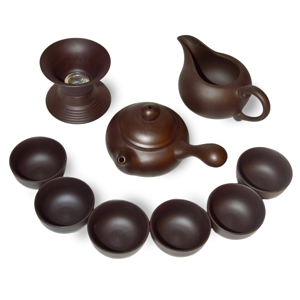 242139 Сервиз ИСИН "Кюсю" чайник 150мл 6 пиал 40мл сливник сито, в подарочной коробке, глина, коричн